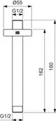 Deckenanschluss von Ideal Standard mit einer Ø55 mm Basis, G1/2 Anschluss, vertikal angeordnet und einer Gesamtlänge von 180 mm, dargestellt in technischer Zeichnung.